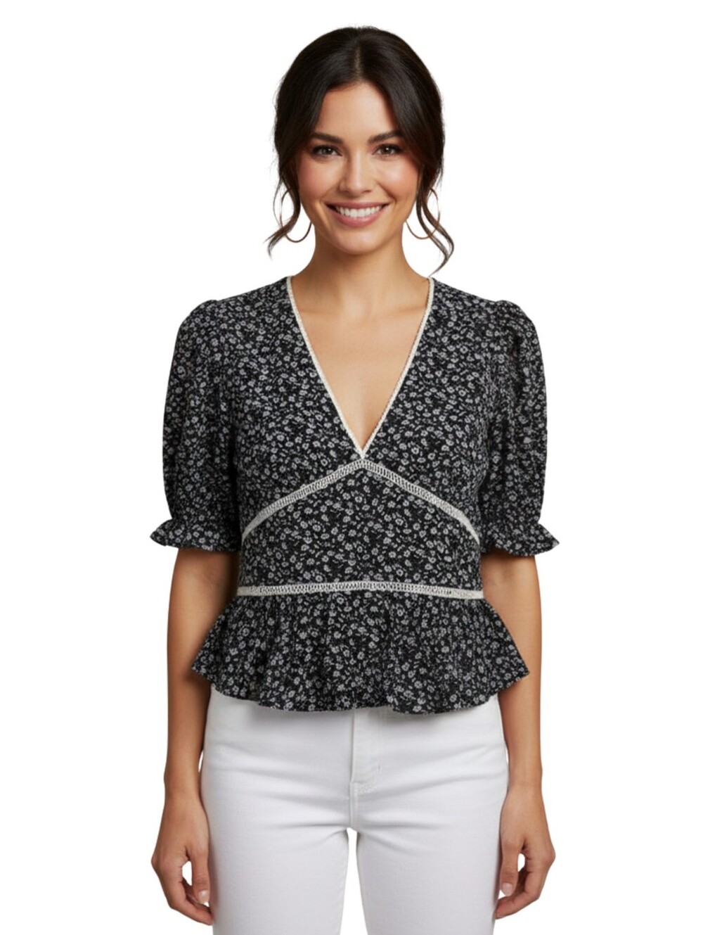 Black Floral V-Neck Peplum Blouse with Lace Trim